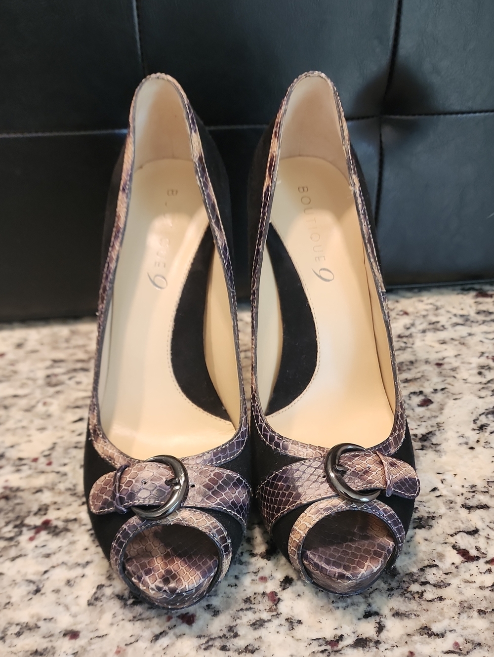 Nine West Black Pumps with Taupe Snake-Print Trim